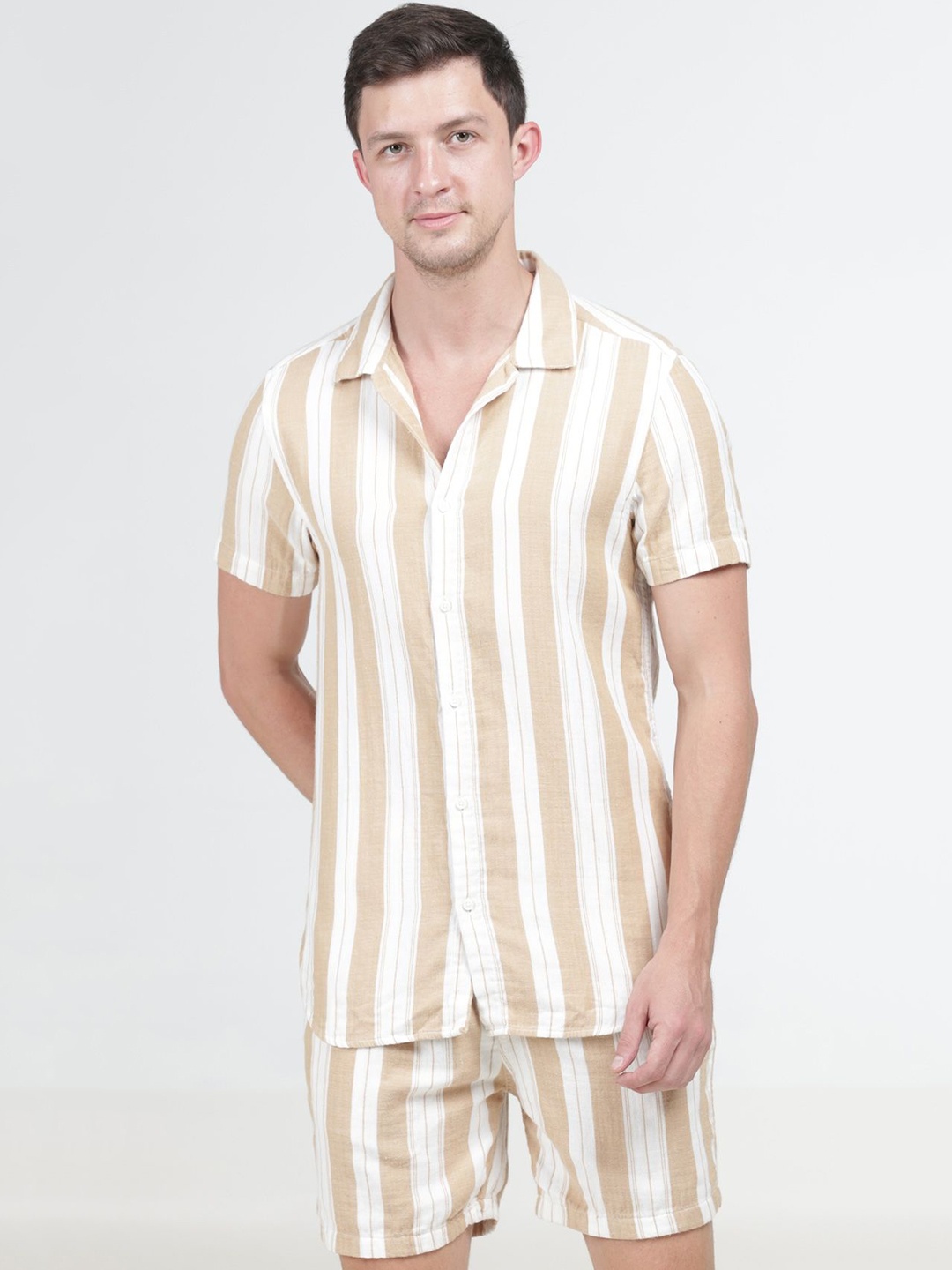 

POE Striped Pure Cotton Shirt With Shorts Co-Ords, Beige