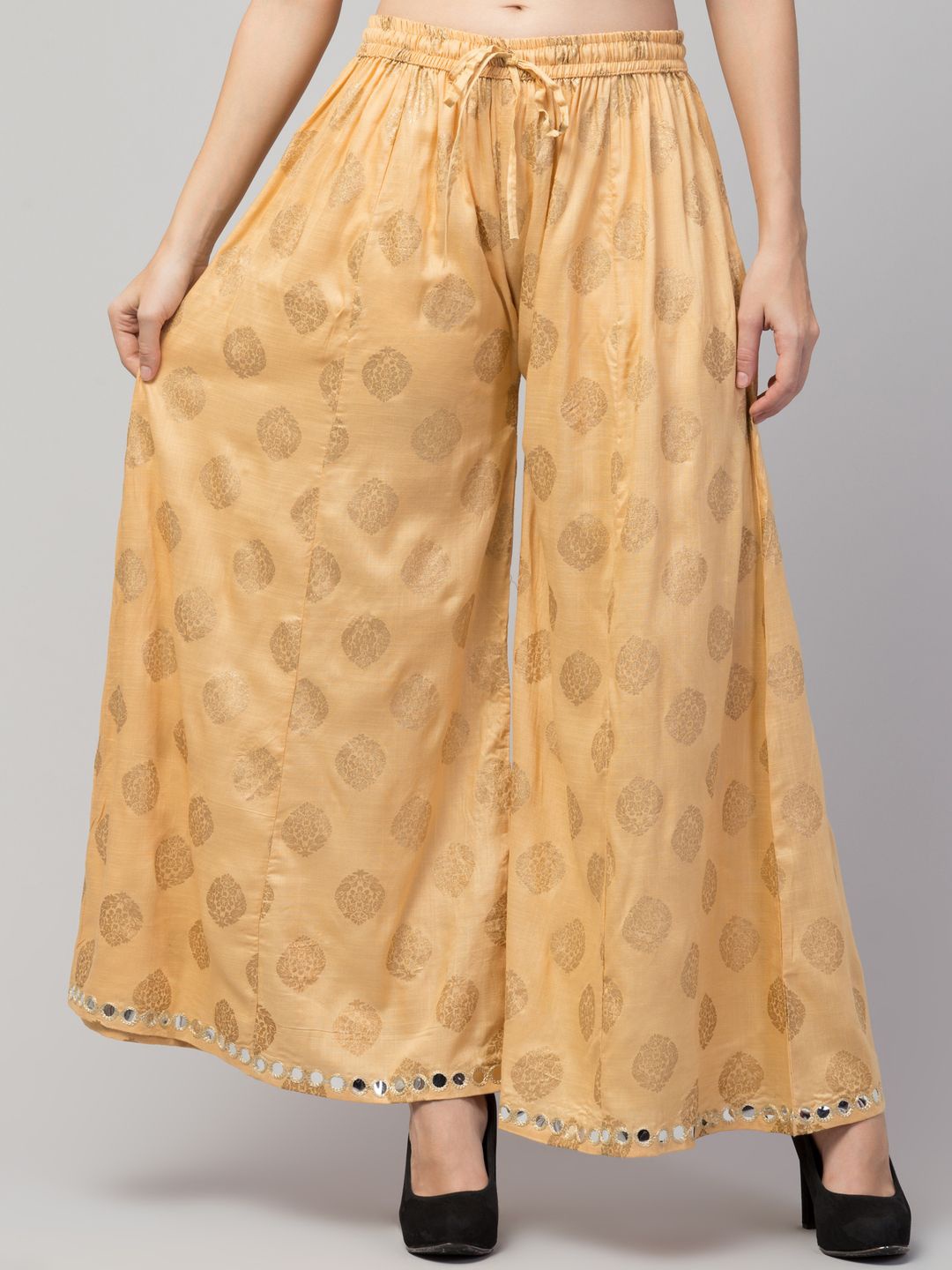 

FAMBEE Women Printed Flared Knitted Palazzos, Gold