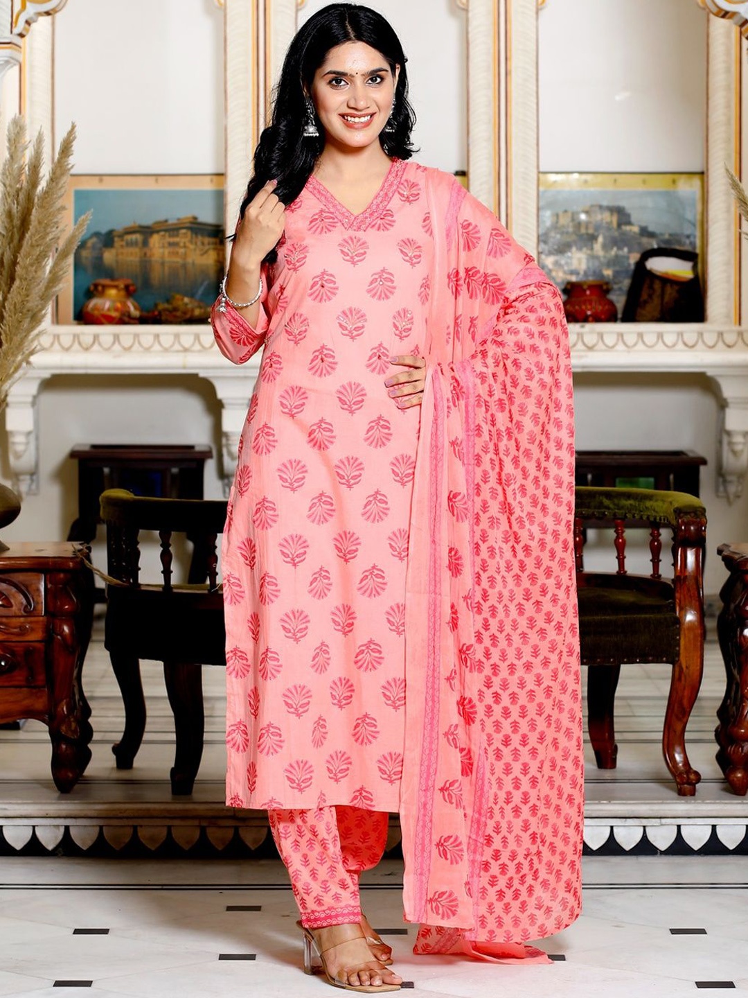 

KALINI Floral Printed V-Neck Thread Work Pure Cotton Kurta with Trousers & Dupatta, Peach