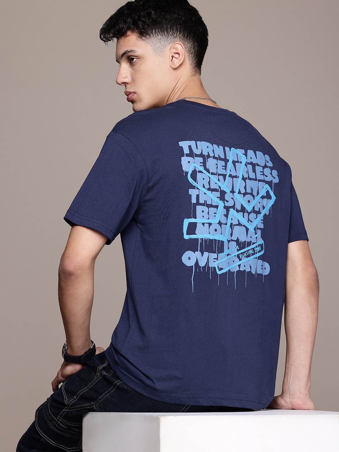 

WROGN Typography Printed Pure Cotton Slim Fit T-shirt, Navy blue