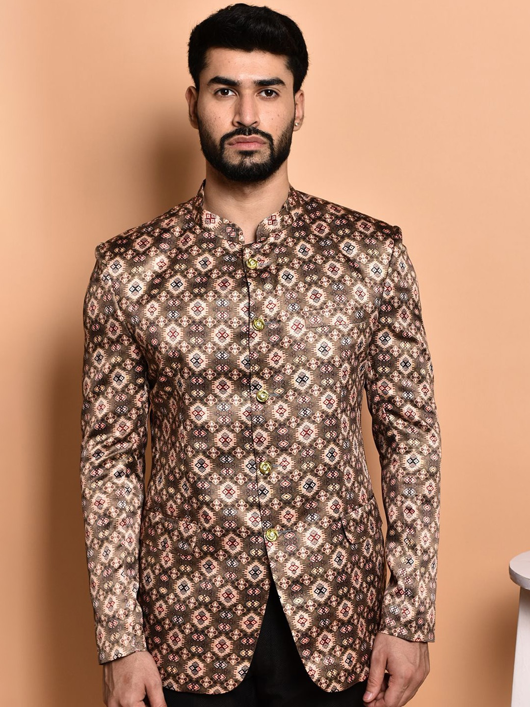 

PRINTCULTR Ethnic Motifs Printed Mandarin Collar Bandhgala Casual Blazer, Brown