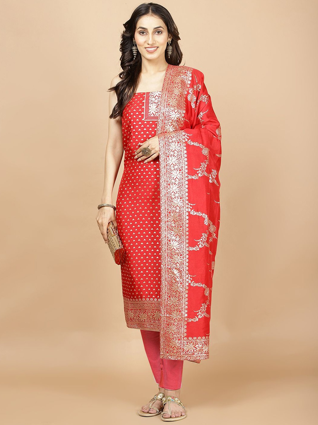 

Meena Bazaar Geometric Woven Design Unstitched Dress Material, Red