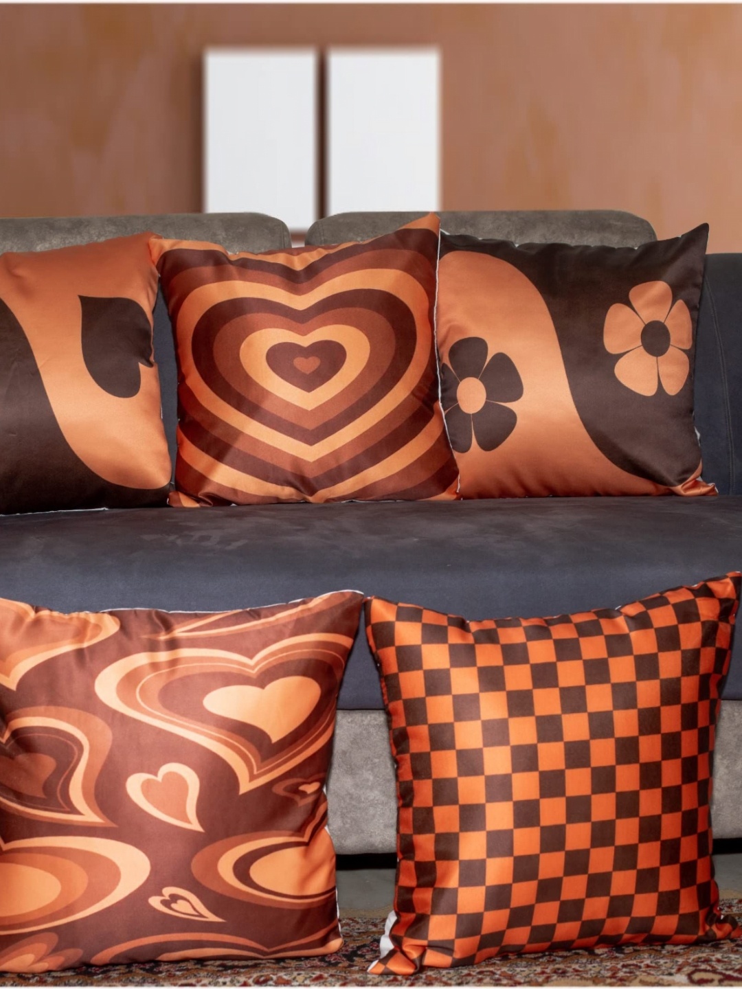 

Vendola Brown and Orange 5 Pieces Floral Printed Satin Square Cushion Covers