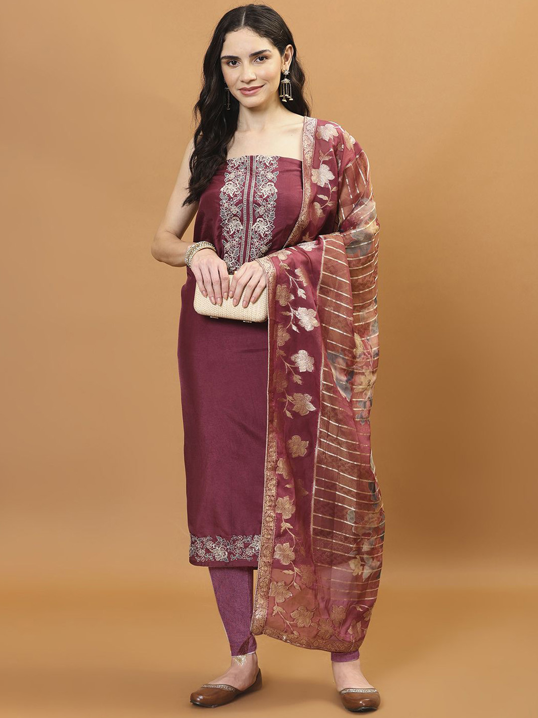 

Meena Bazaar Embroidered Art Silk Unstitched Dress Material, Burgundy