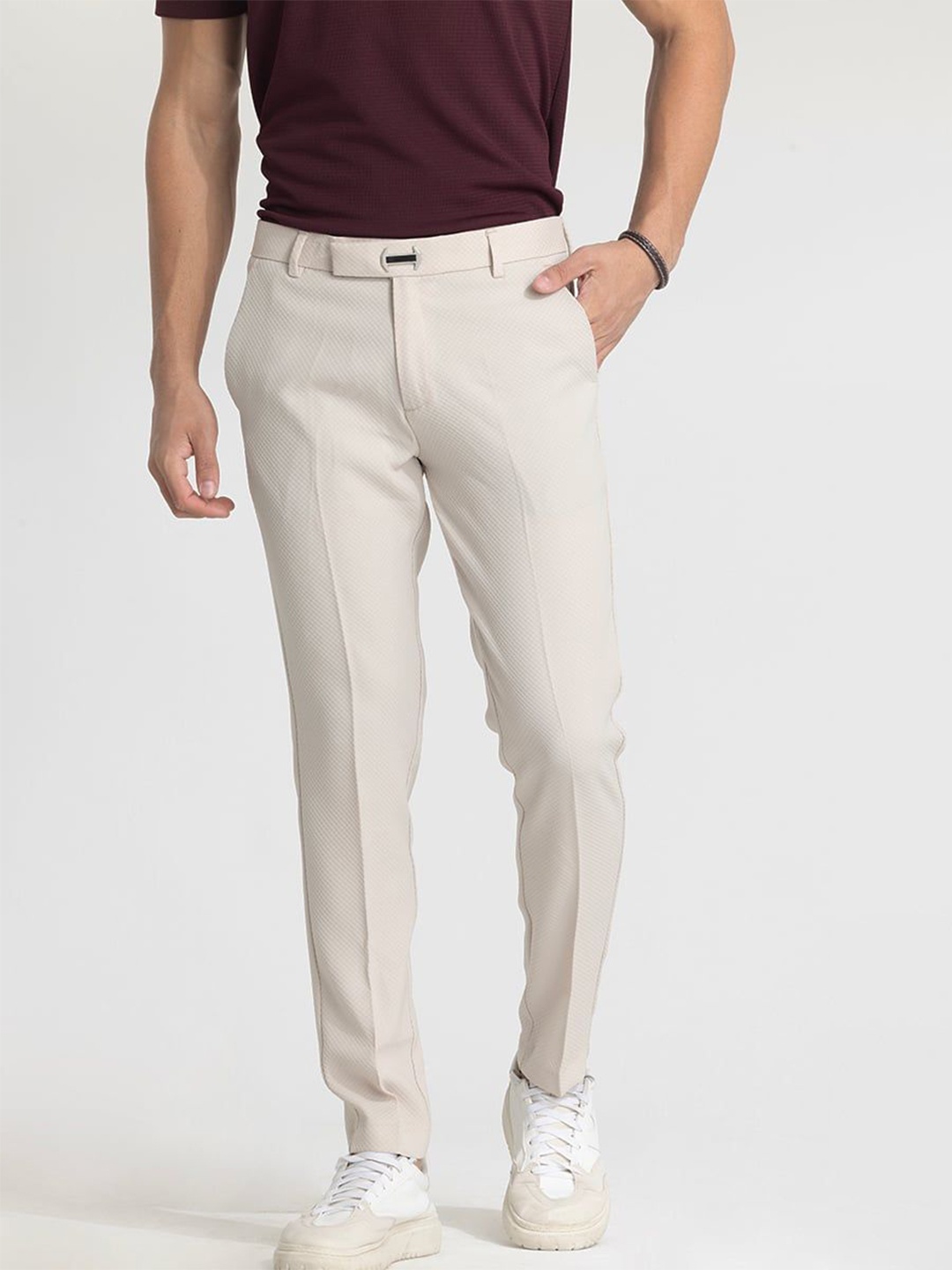 

Snitch Men Textured Silm Fit Formal Trousers, Cream