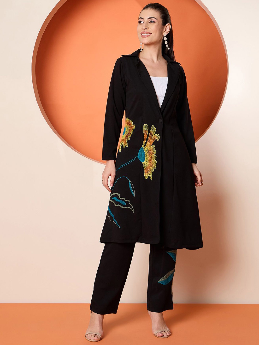 

Antheaa Embroidered Coat & Trousers Co-Ords, Black