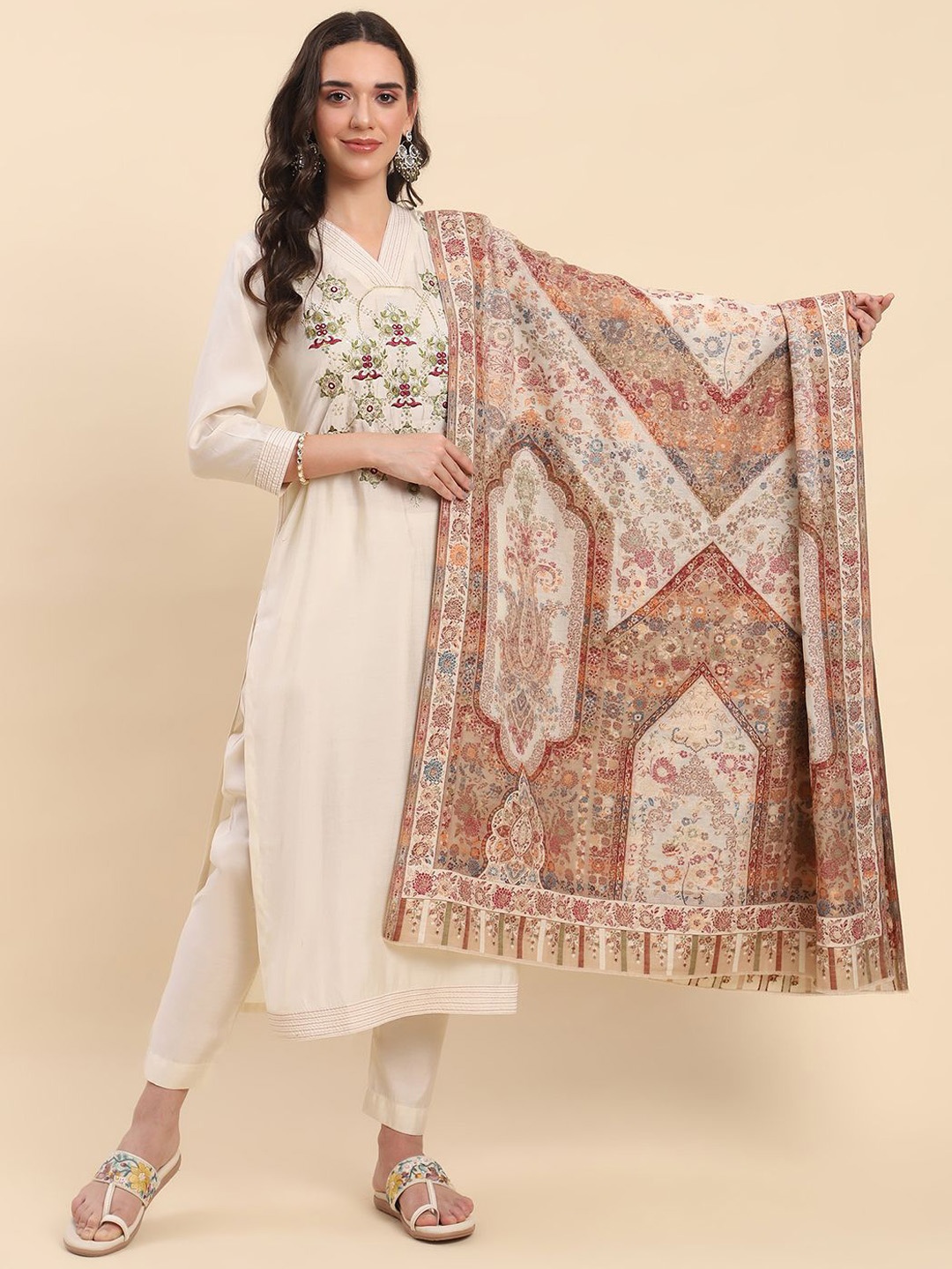 

La Vastraa Women Floral Woven Design Shawl, Beige