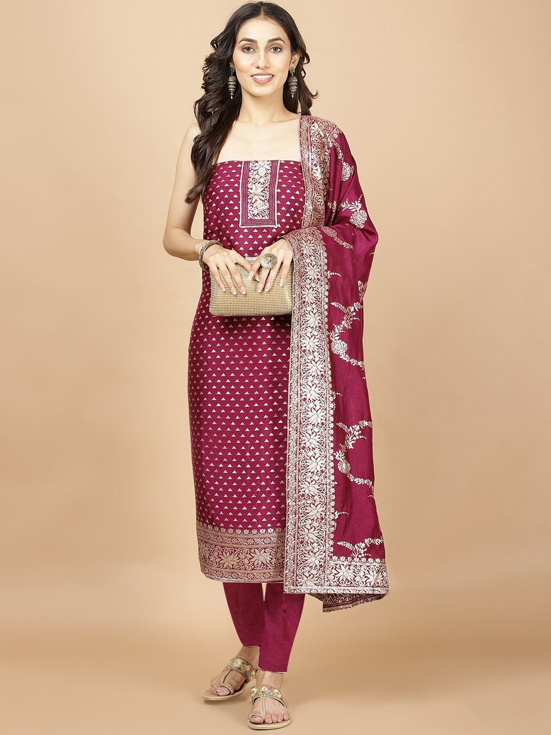 

Meena Bazaar Floral Woven Design Art Silk Unstitched Dress Material, Purple