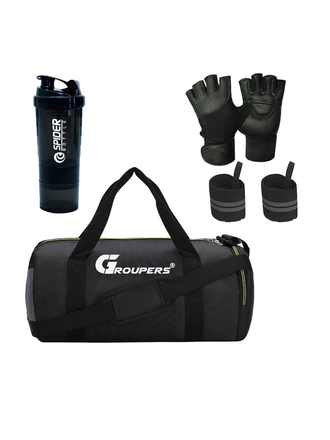 

GROUPERS Medium Foldable Sports Duffel Bag With Gloves Shaker Bottle & Wrist Band, Black