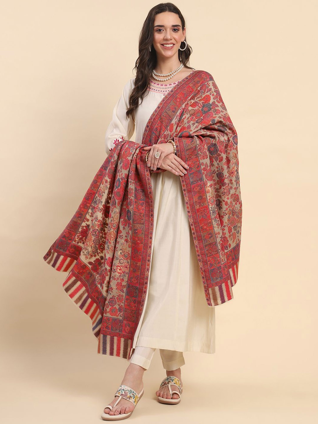 

La Vastraa Women Floral Woven Design Shawl, Beige