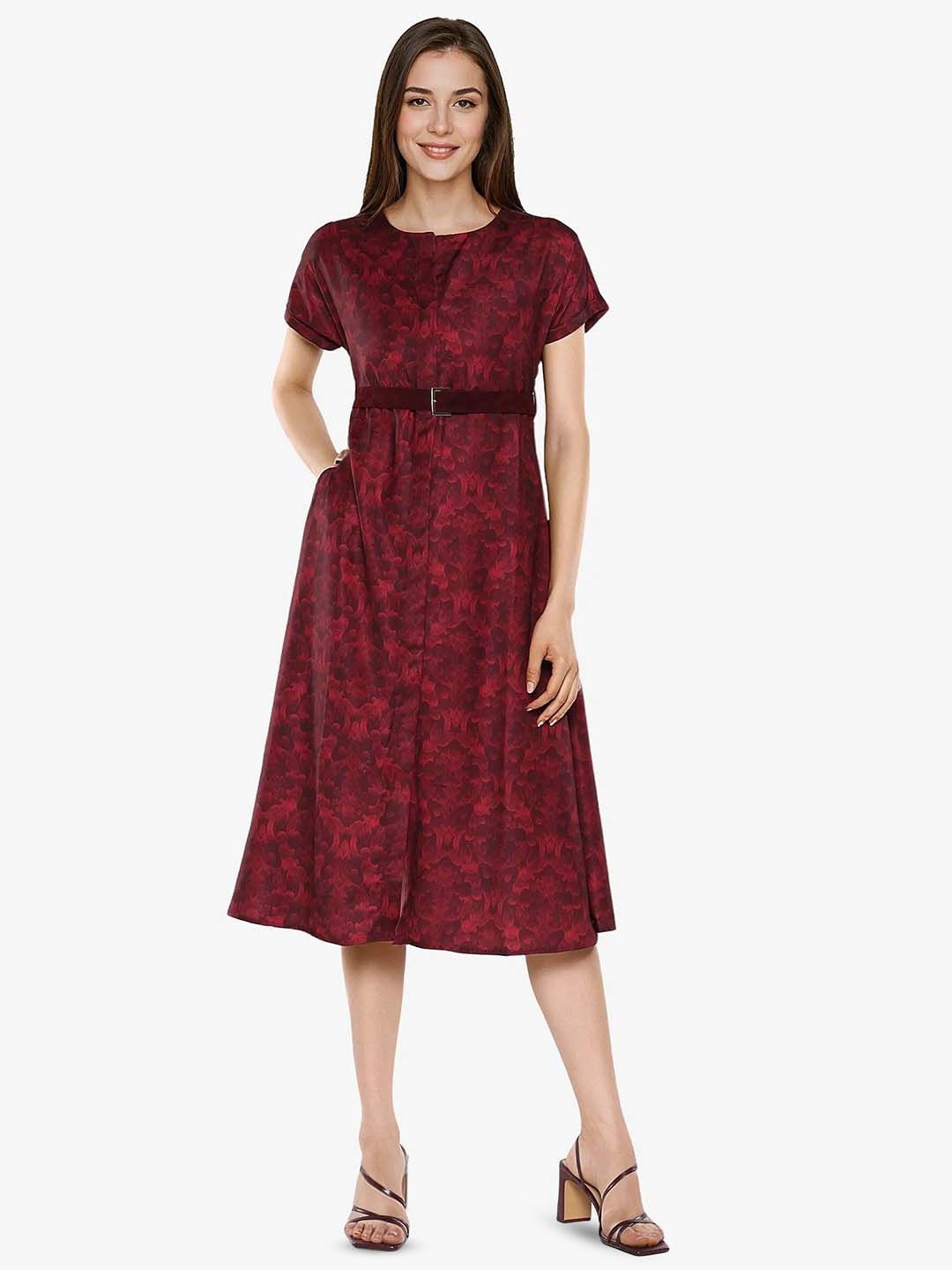 

RAREISM Printed Belted A-Line Midi Dress, Maroon