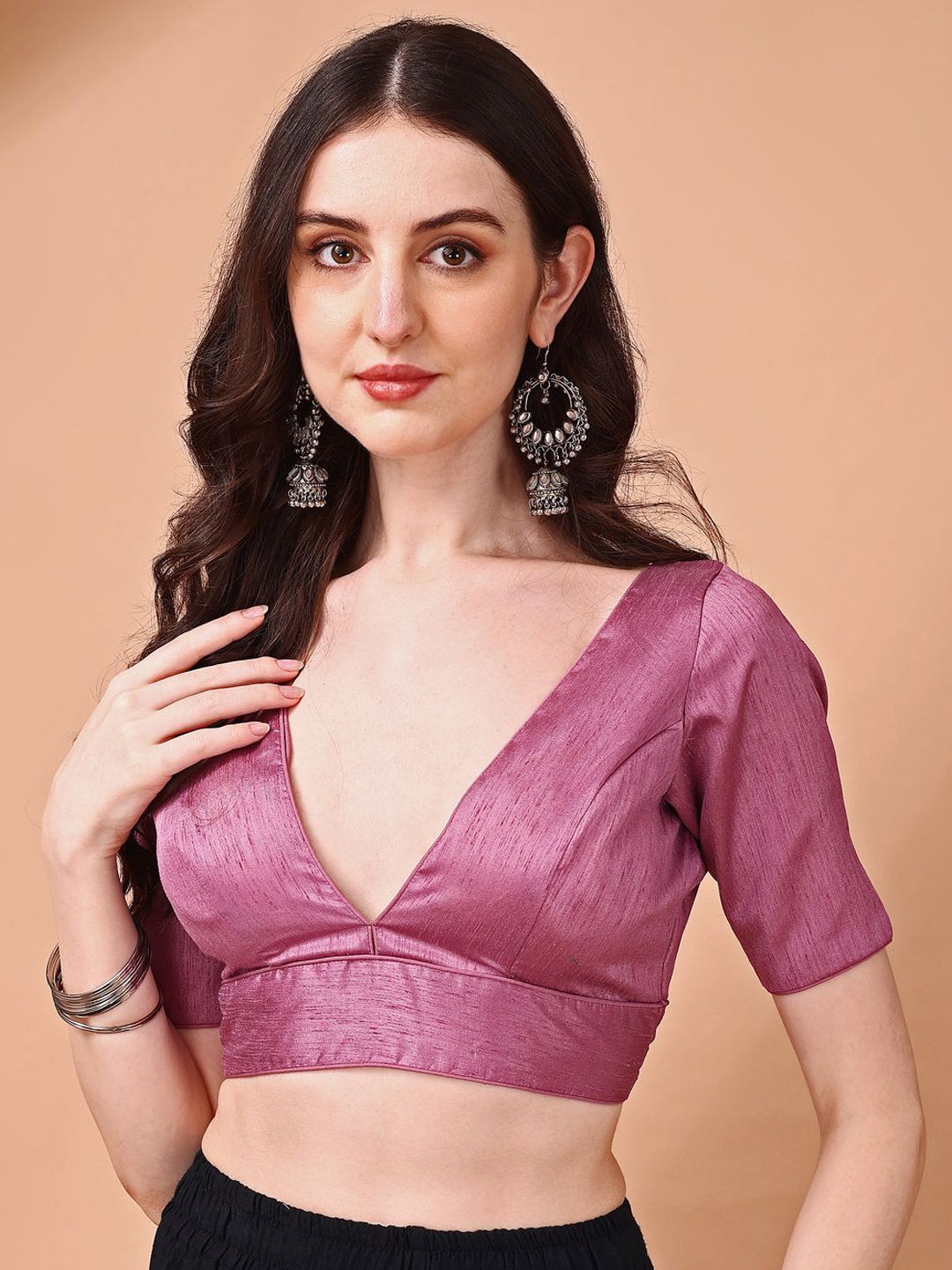

Tikhi Imli V-Neck Short Sleeves Saree Blouse, Pink