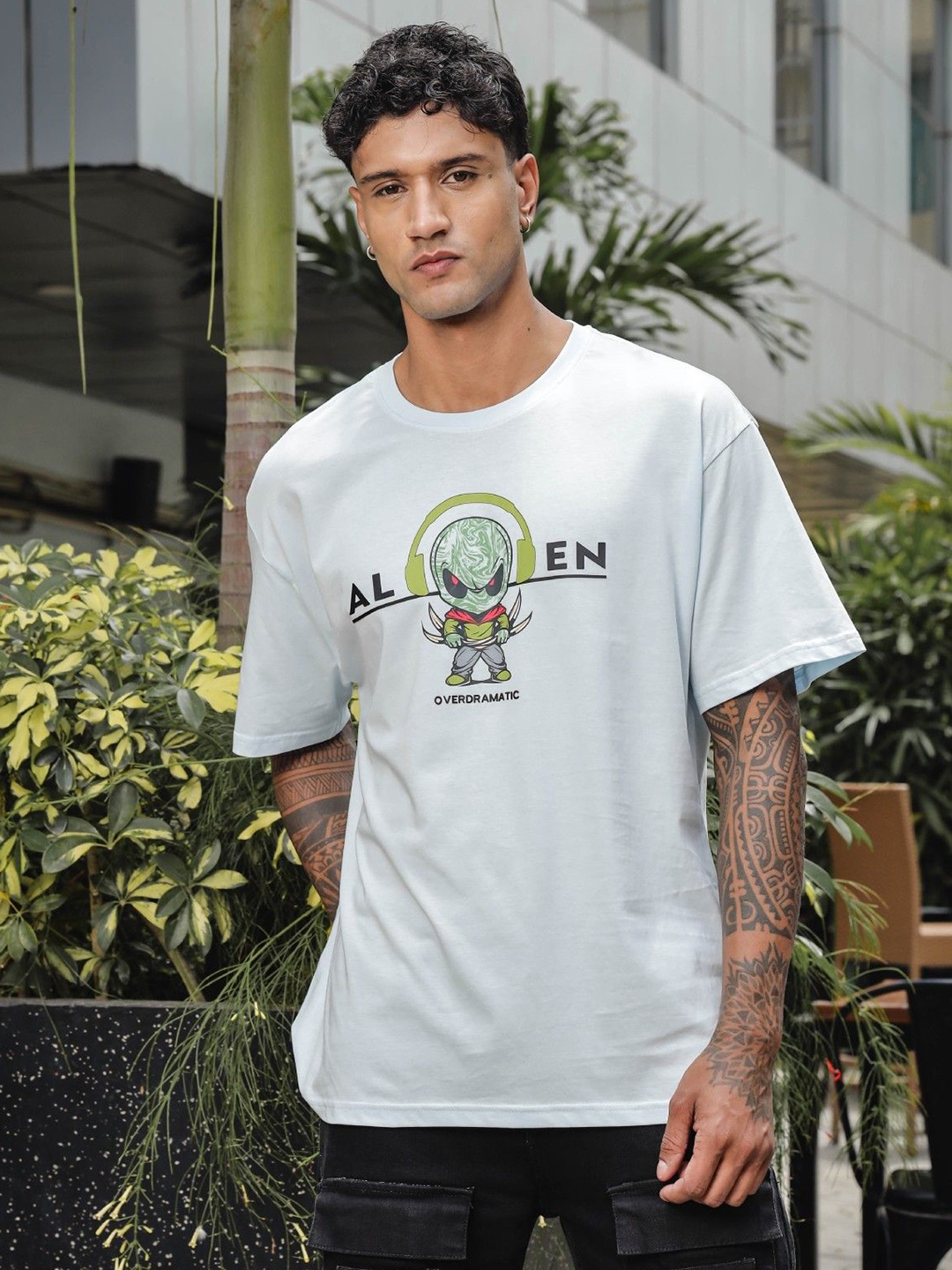 

ONE SKY Men Typography Printed Round Neck Cotton Oversized T-shirt, Blue
