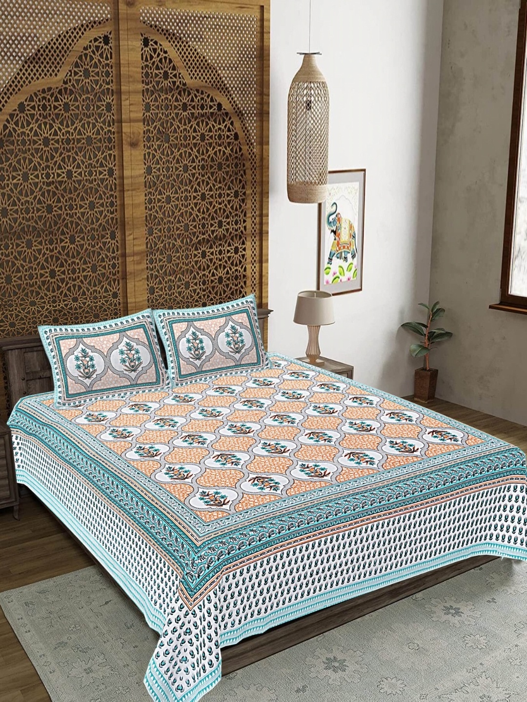 

FrionKandy Living White & Blue Floral 180 TC King Bedsheet With 2 Pillow Covers