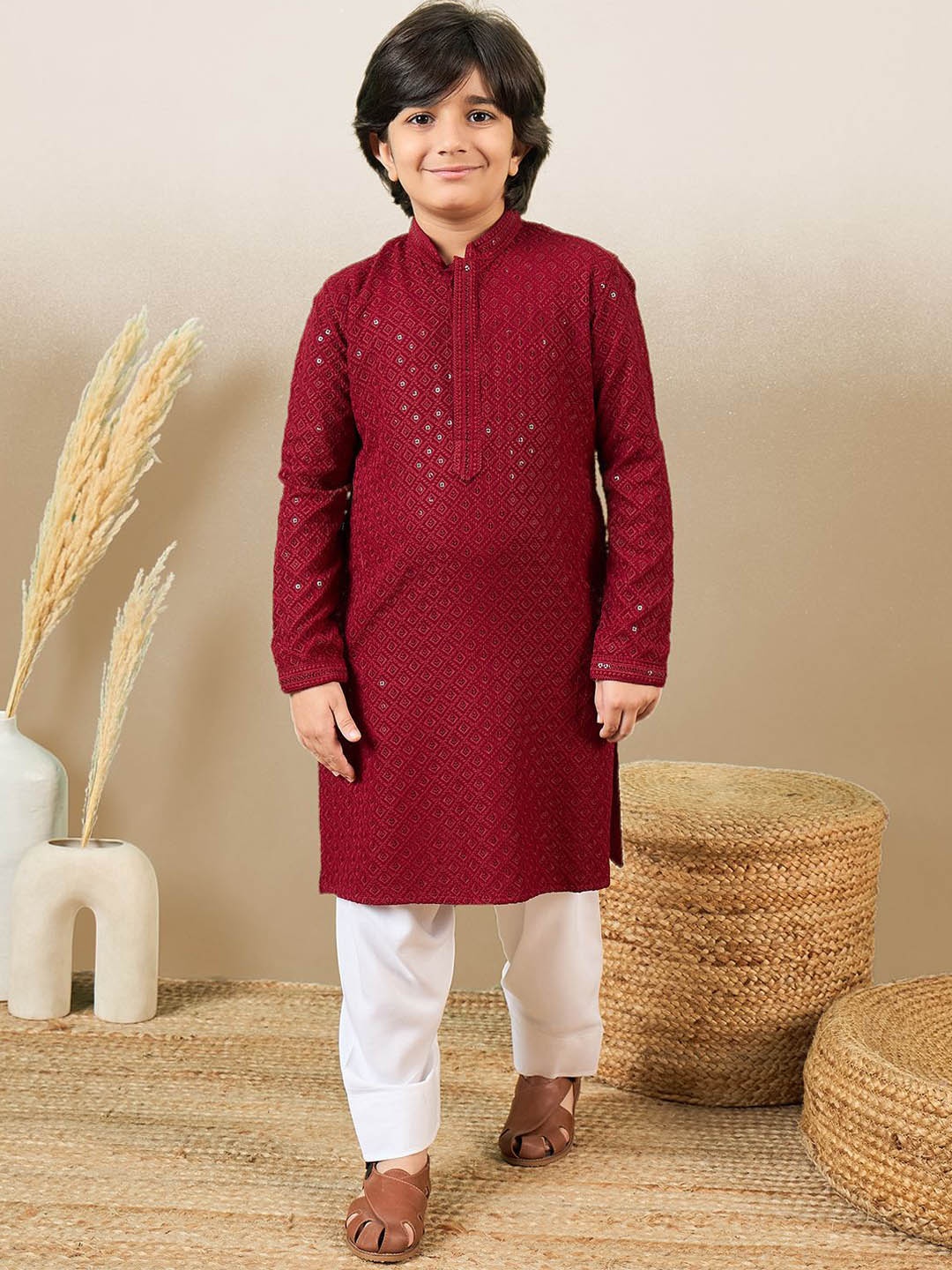 

Here&Now X Sanwara Boys Embroidered Sequinned Kurta with Patiala, Maroon