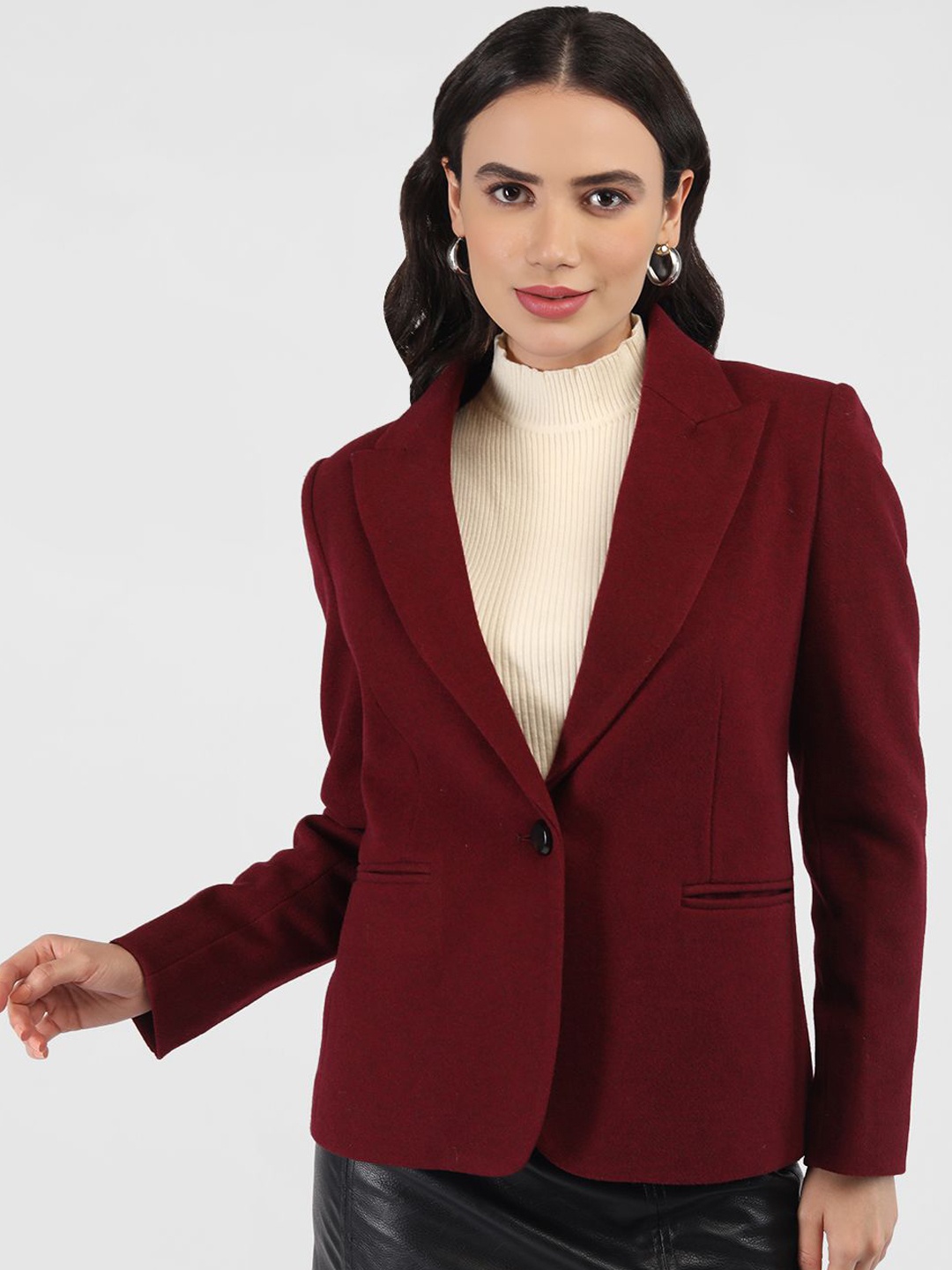 

LURE URBAN Women Woollen Single-Breasted Notched Lapel Blazer, Burgundy