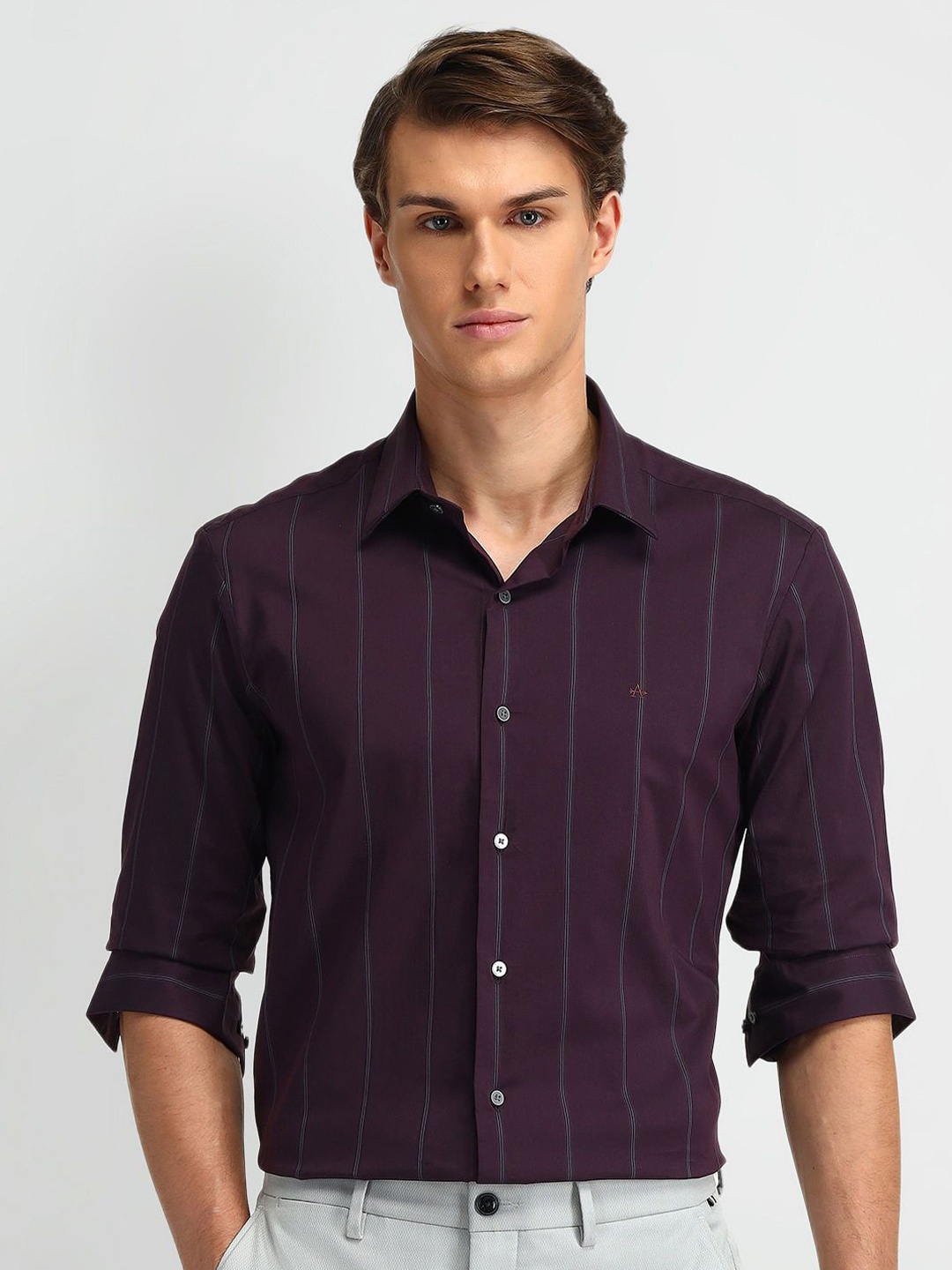 

Arrow New York Men Modern Slim Fit Opaque Striped Formal Shirt, Purple