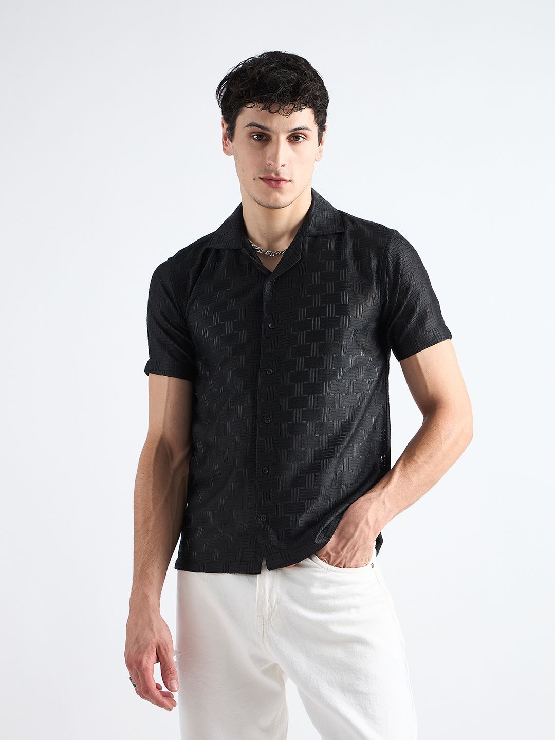 

all yours Men Classic Boxy Semi Sheer Formal Shirt, Black