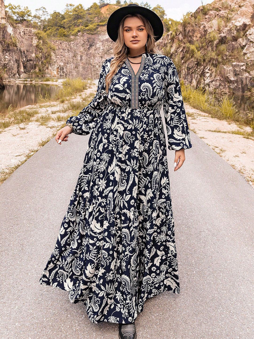 

JC Mode Women Floral Printed Puff Sleeves Maxi Dress, Blue