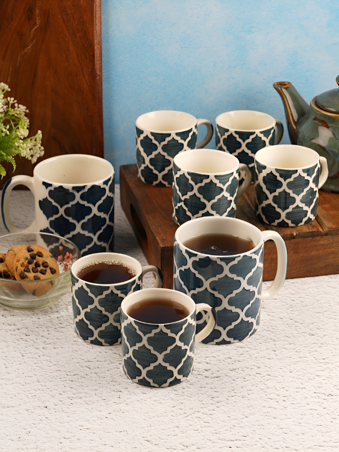 

CDI Blue & White 8 Pieces Geometric Printed Ceramic Glossy Cups & Mugs Set