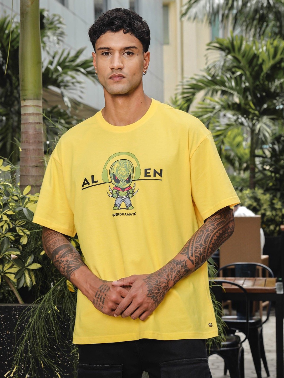 

ONE SKY Men Typography Printed Round Neck Cotton Oversized T-shirt, Yellow