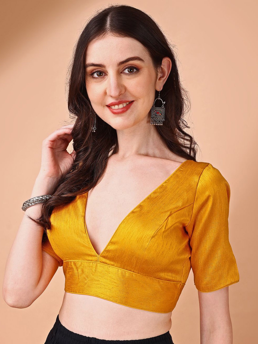 

Tikhi Imli V-Neck Short Sleeves Saree Blouse, Mustard