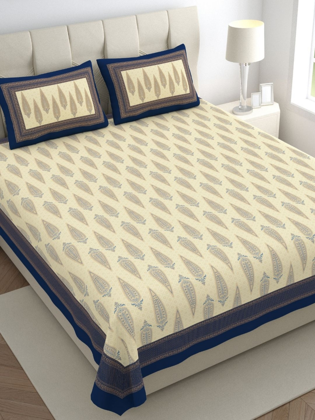 

The Craft Monk Beige & Blue Printed Cotton 300 TC King Bedsheet with 2 Pillow Covers