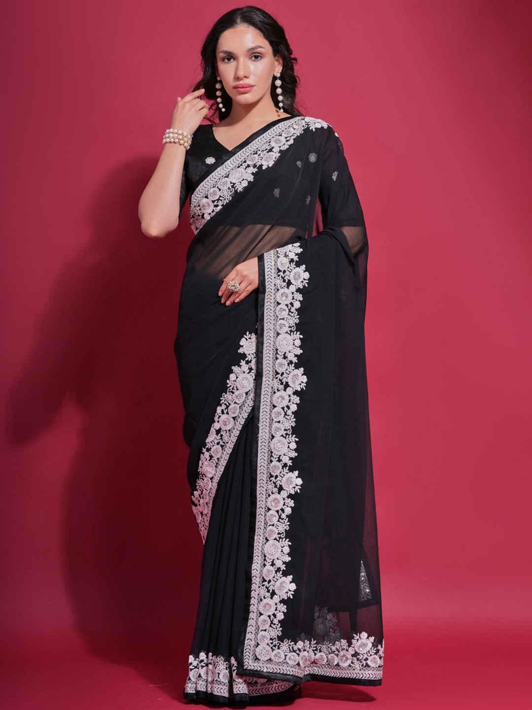 

Mitera Embellished Sequinned Poly Georgette Saree, Black