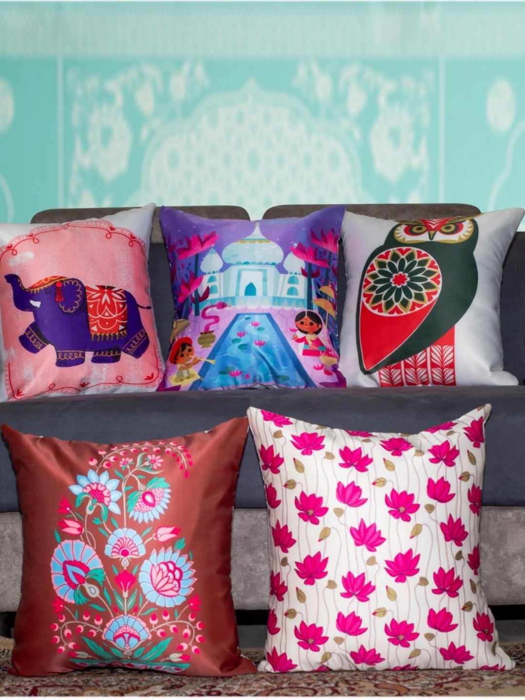 

Vendola White & Purple 5 Pieces Floral Printed Satin Square Cushion Covers