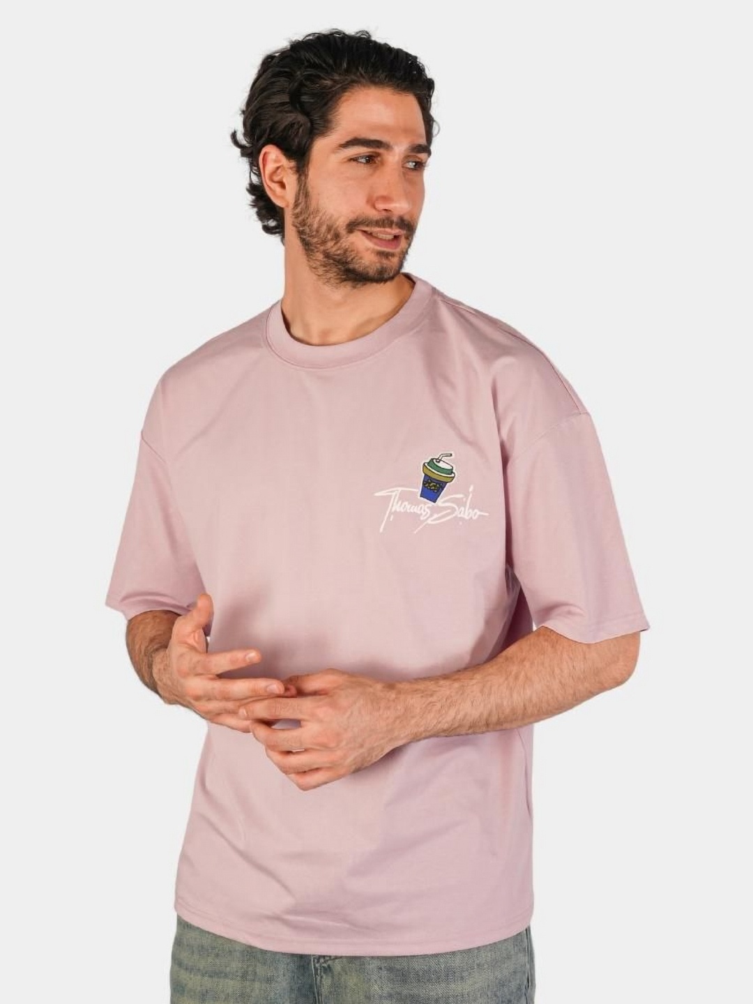 

BOTABOCHI Men Printed Raw Edge T-shirt, Pink