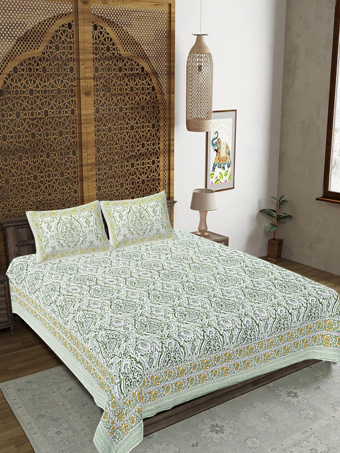 

FrionKandy Living Green & Yellow Ethnic Motifs 180 TC King Bedsheet With 2 Pillow Covers