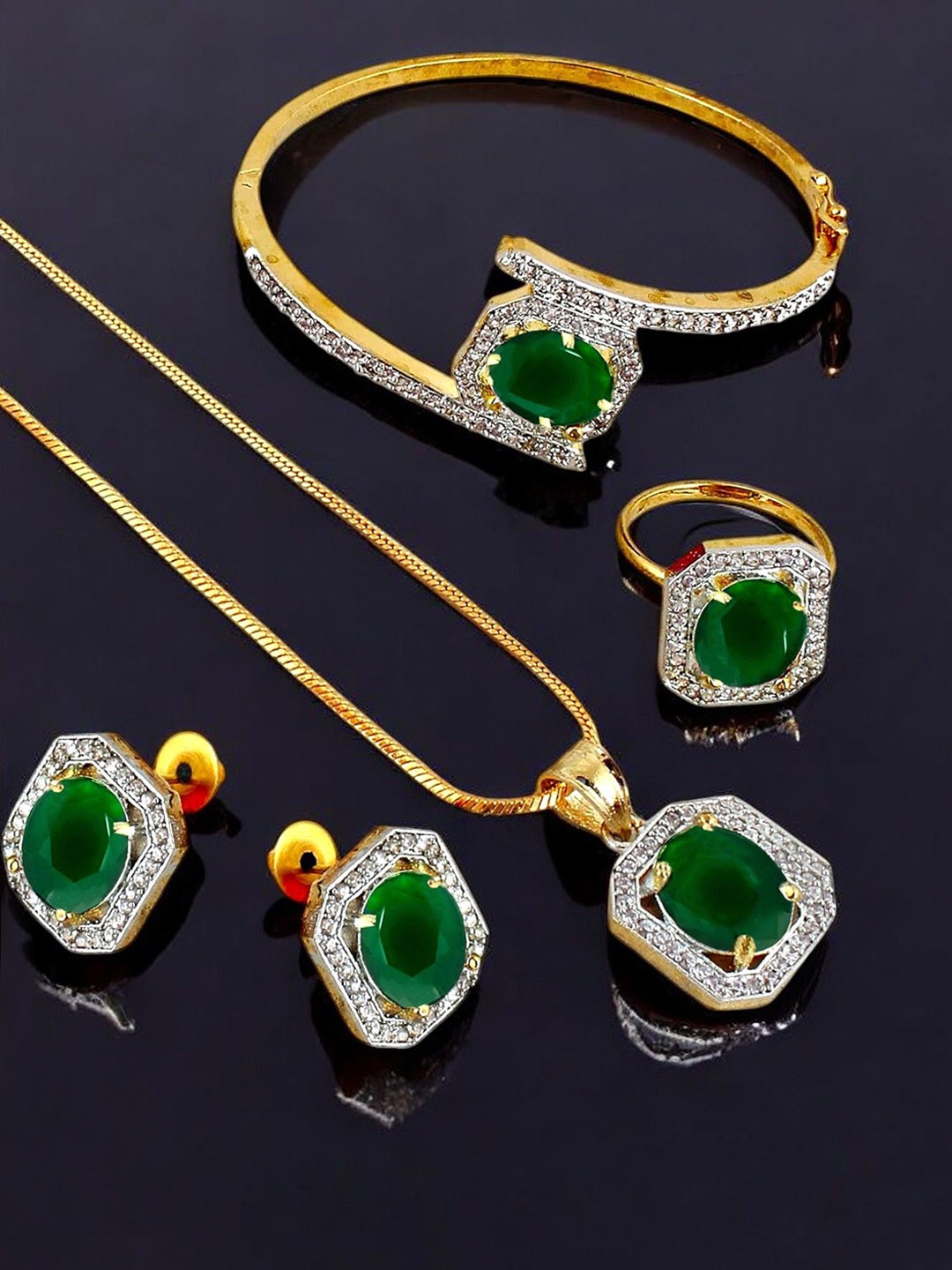 

LUCKY JEWELLERY Gold Plated American Diamond Studded Jewellery Set