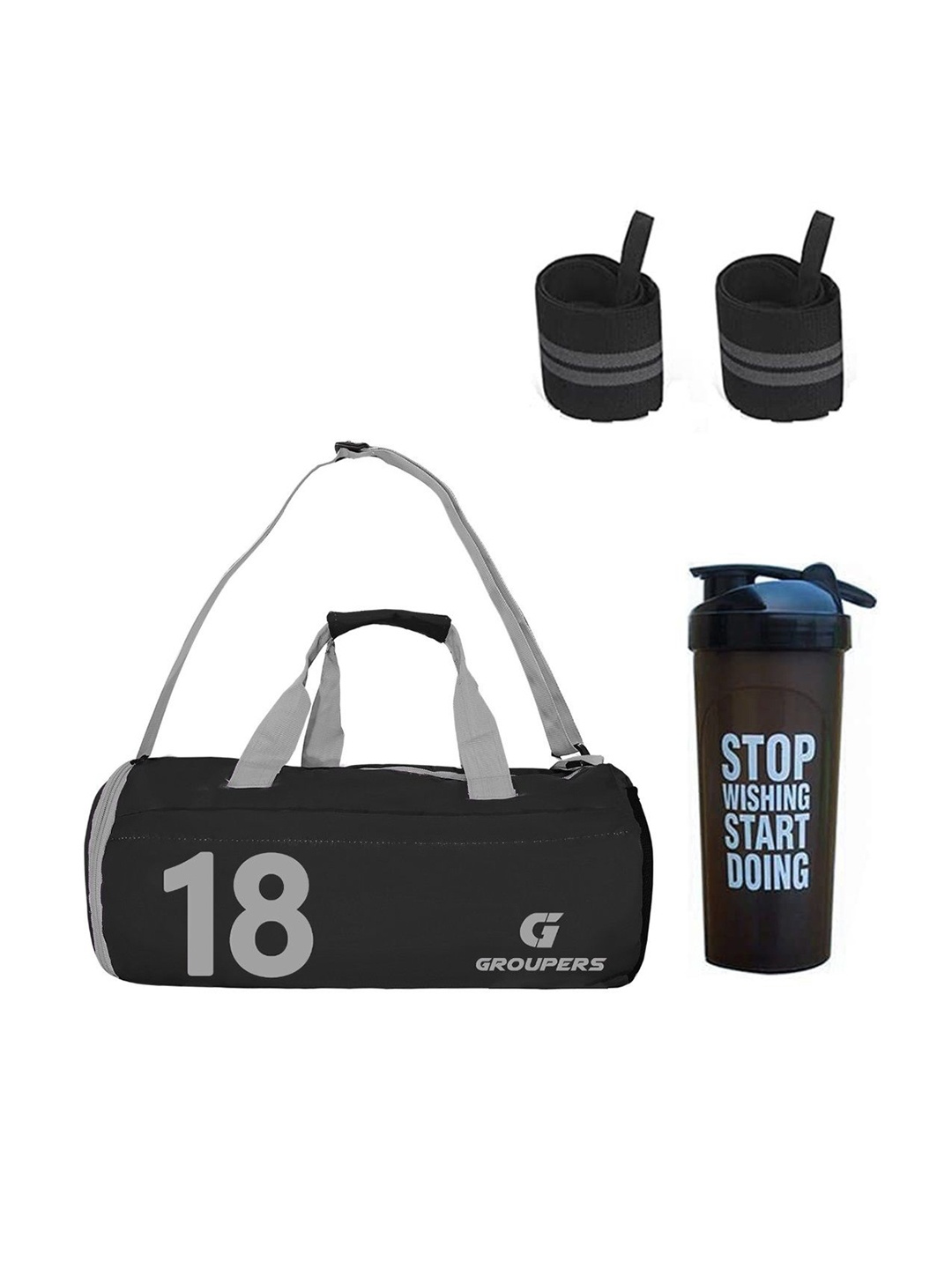

GROUPERS Printed Medium Foldable Duffel Bag With Shake Bottle & Wrist Band, Black