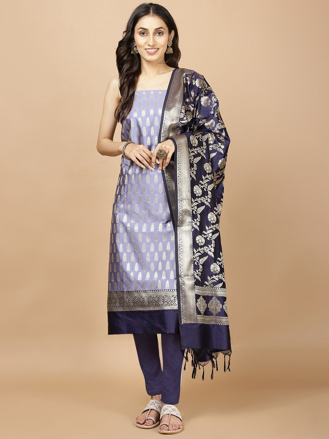 

Meena Bazaar Ethnic Motifs Woven Design Chanderi Unstitched Dress Material, Purple