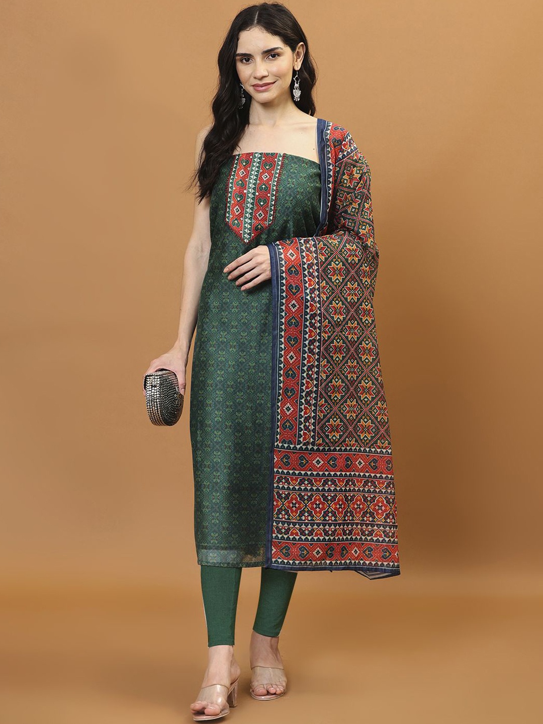 

Meena Bazaar Printed Art Silk Unstitched Dress Material, Green