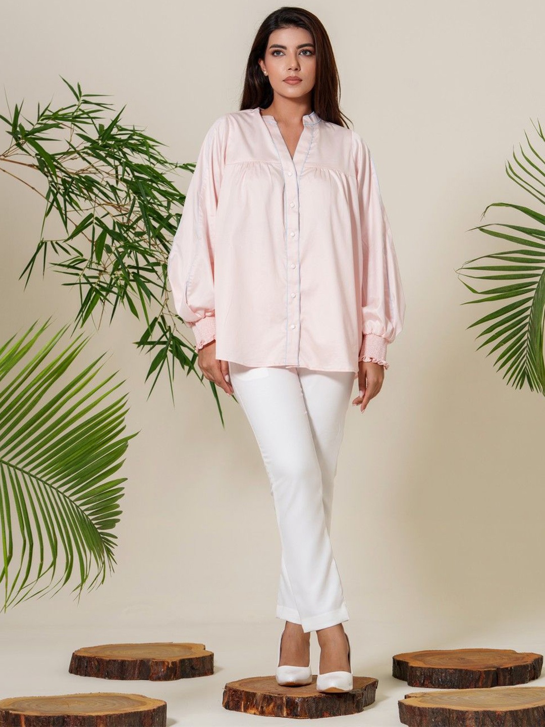 

KINA Women Custom Mandarin Collar Solid Cotton Casual Shirt, Pink