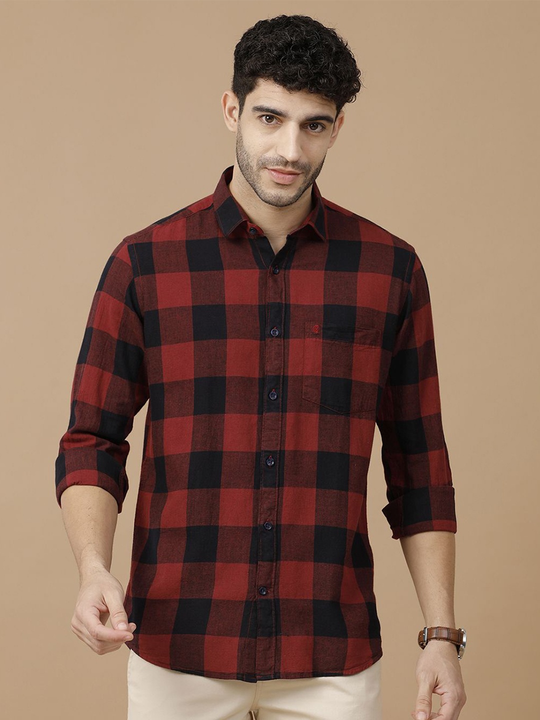 

CAVALLO by Linen Club Men Contemporary Slim Fit Buffalo Checks Opaque Checked Casual Shirt, Red