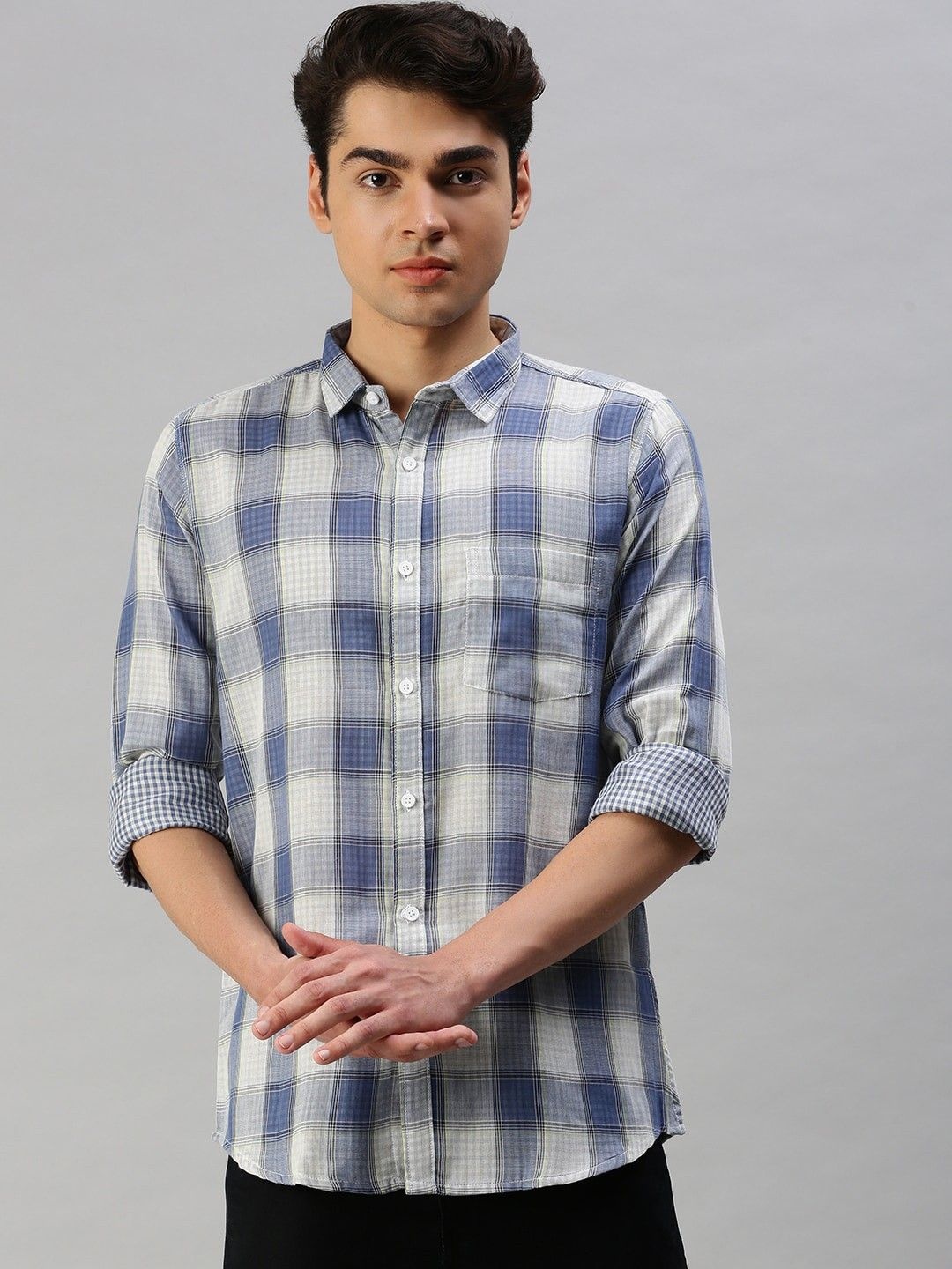 

Cross Court Men Tartan Checks Opaque Checked Casual Shirt, Blue