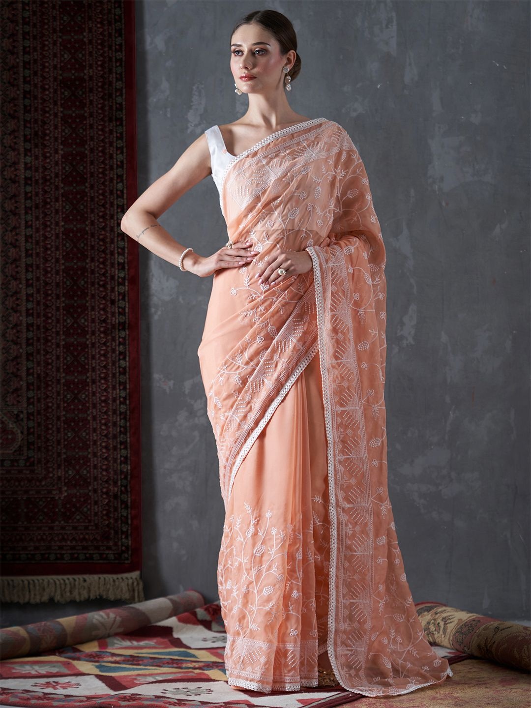 

KALINI Embellished Organza Saree, Peach