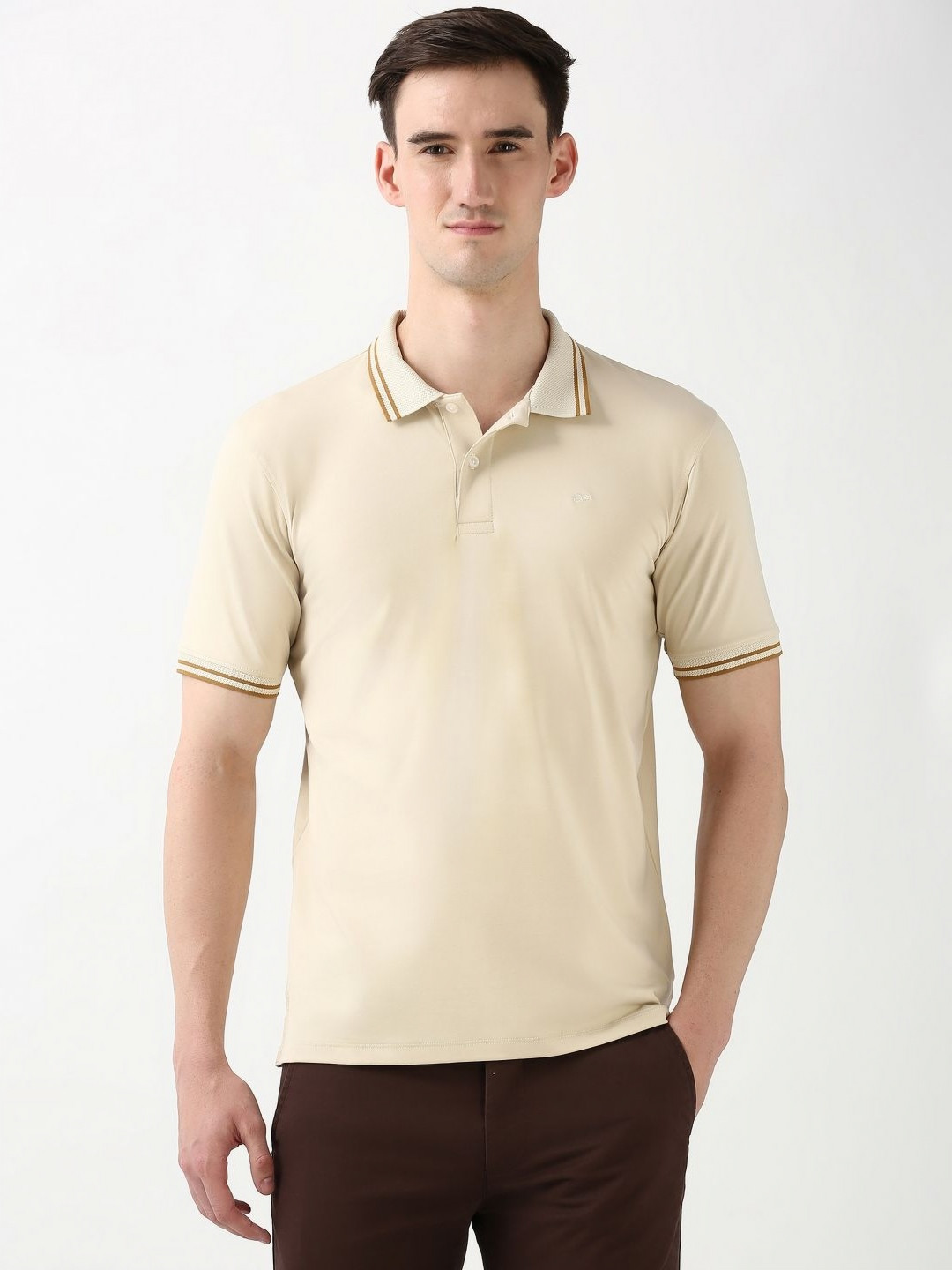 

Peter England Casuals Men Solid Polo Collar Cotton T-shirt, Beige