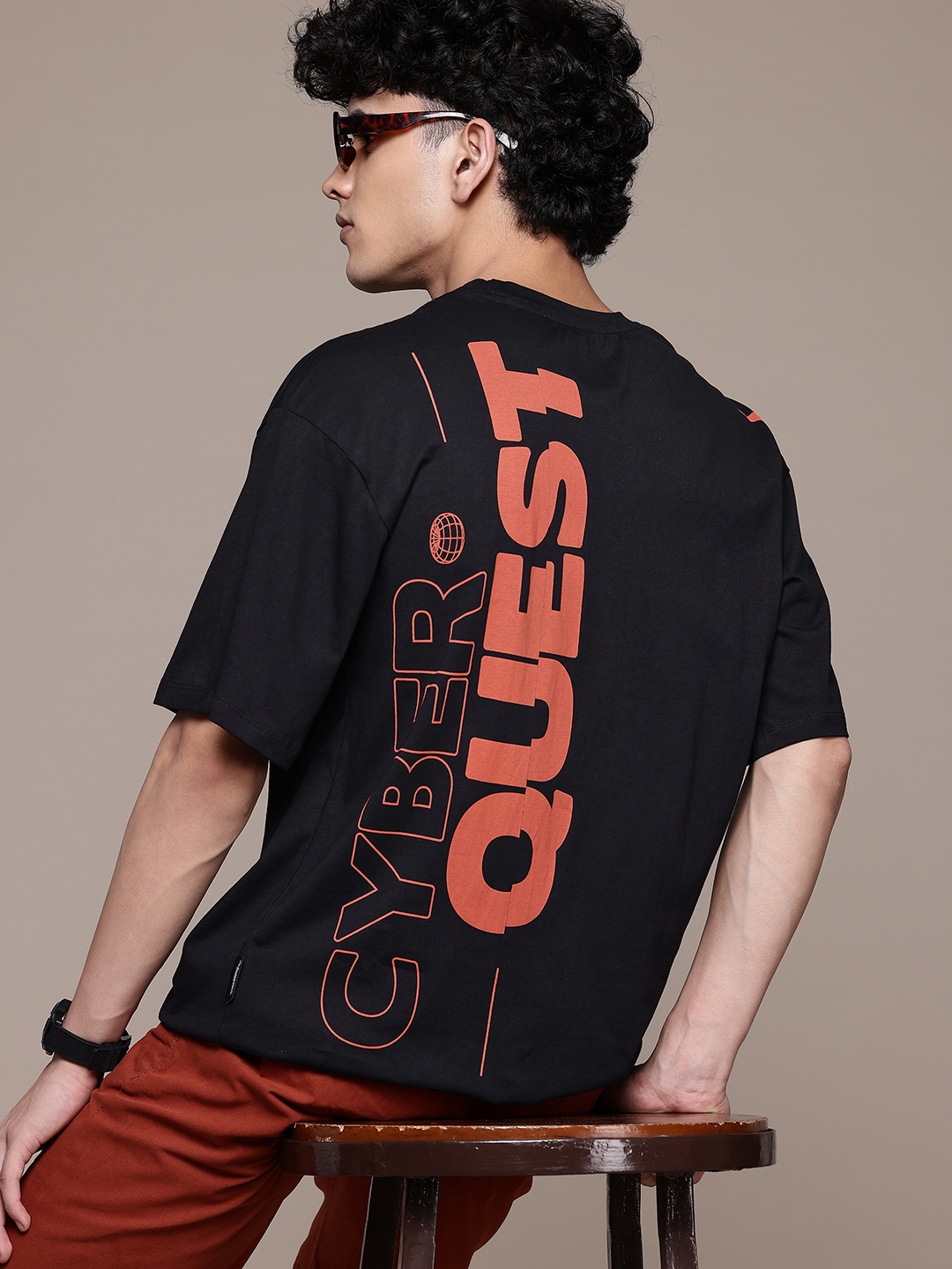 

The Roadster Lifestyle Co. Drop-Shoulder Sleeves Pure Cotton T-shirt, Black