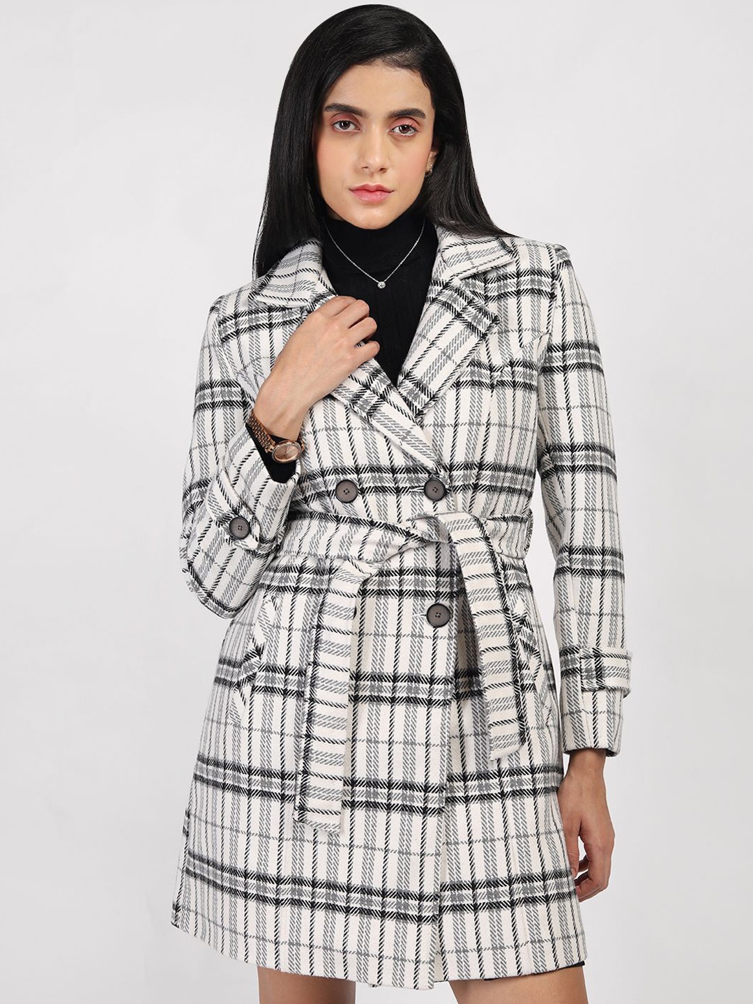 

HONNETE Women Checked Double-Breasted Winter Coats, White