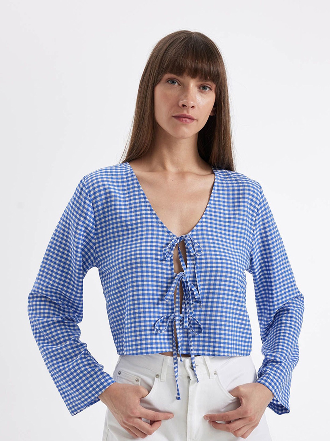 

DeFacto Women Checked Printed V-Neck Top, Blue