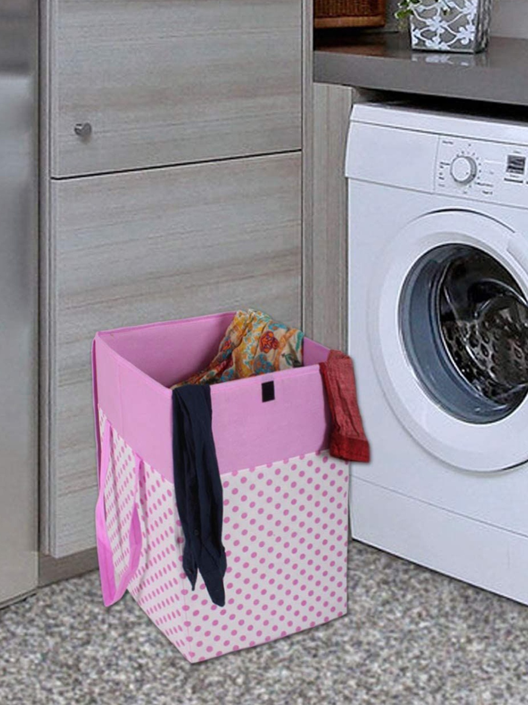 

prettykrafts Pink & White 2 Pieces Printed Foldable Laundry Bag With Lid-35L