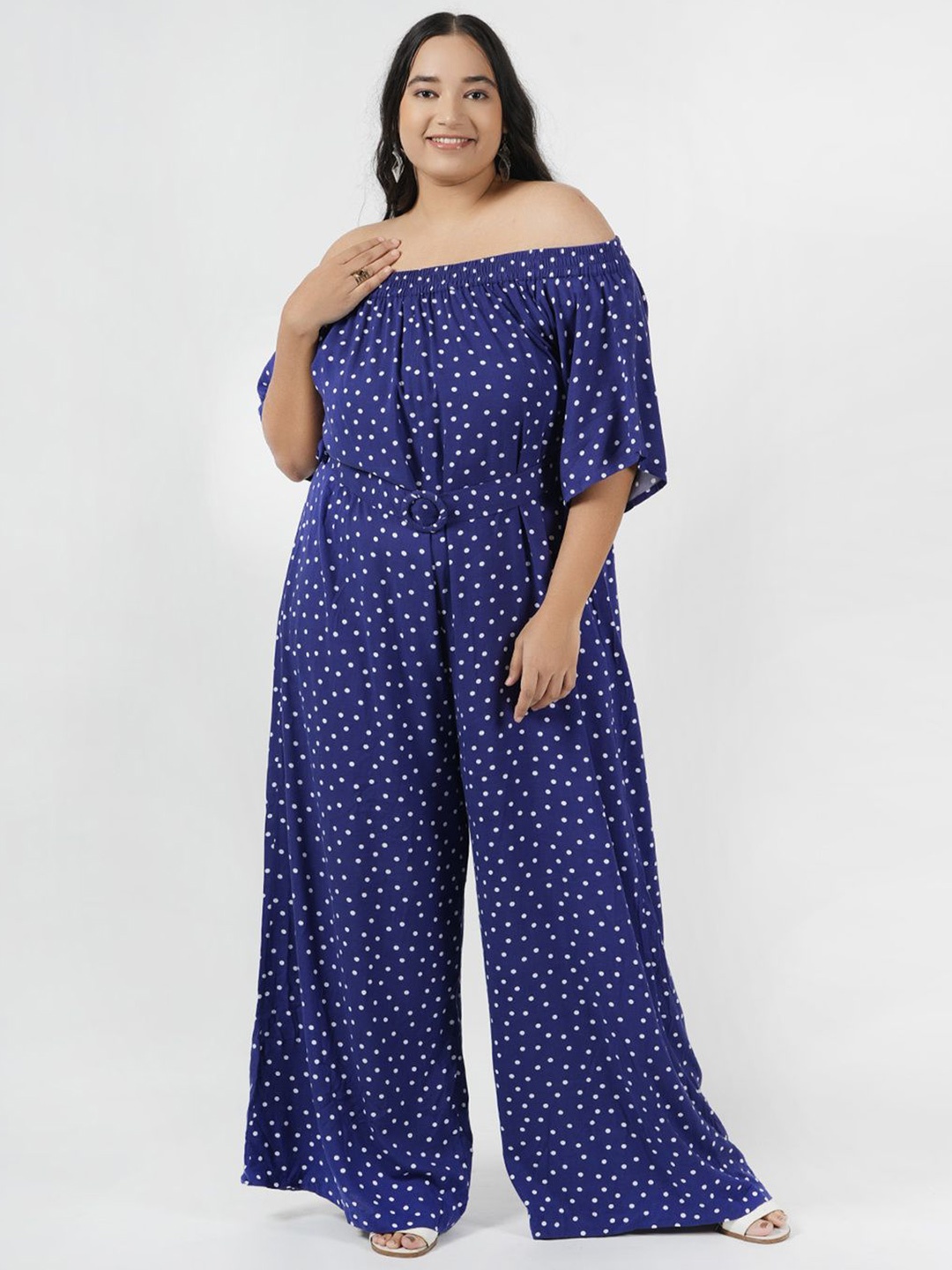 

LastInch Off-Shoulder Printed Basic Jumpsuit, Blue