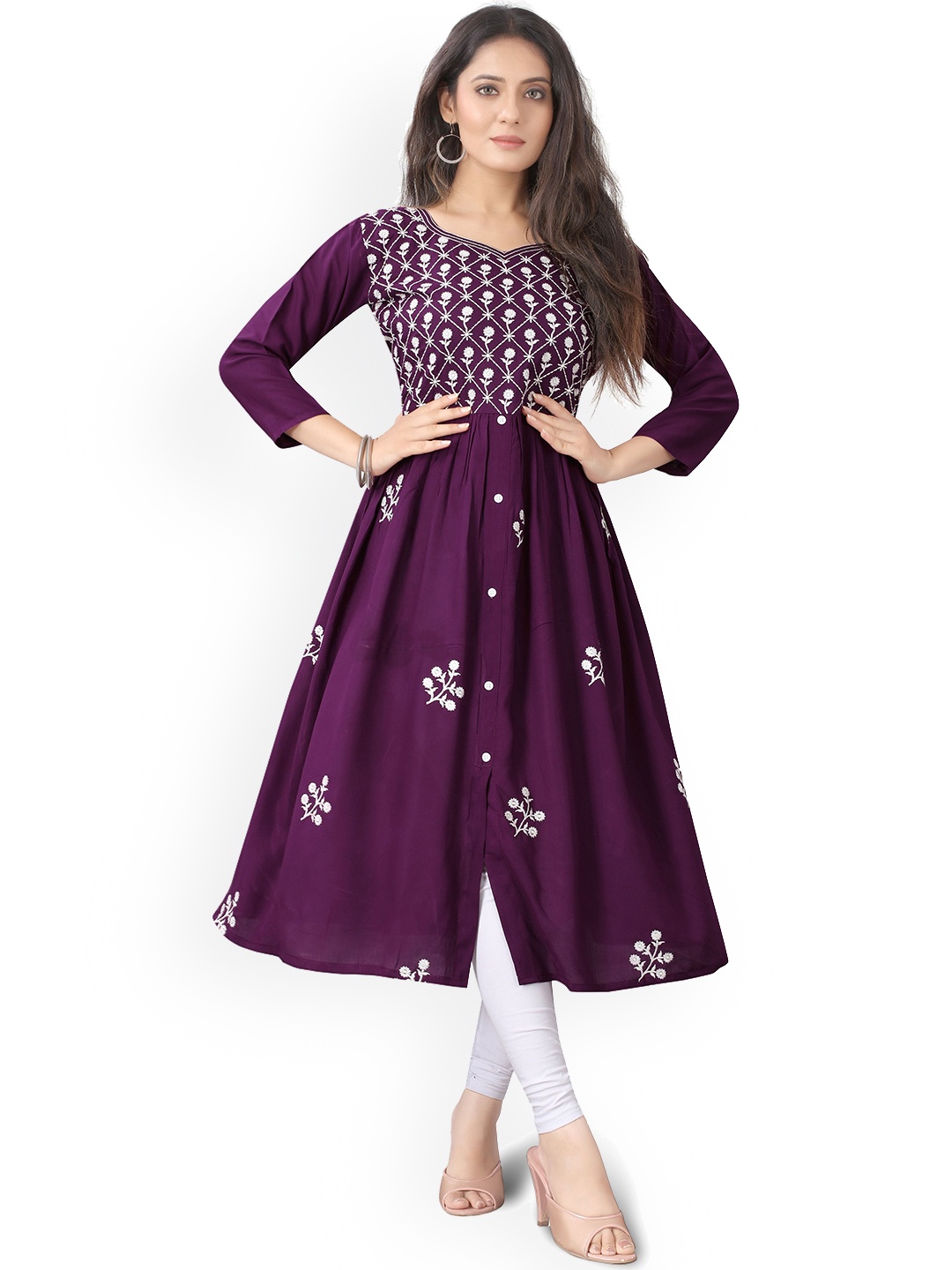 

FANTASY FAB Floral Embroidered A-Line Kurta, Purple