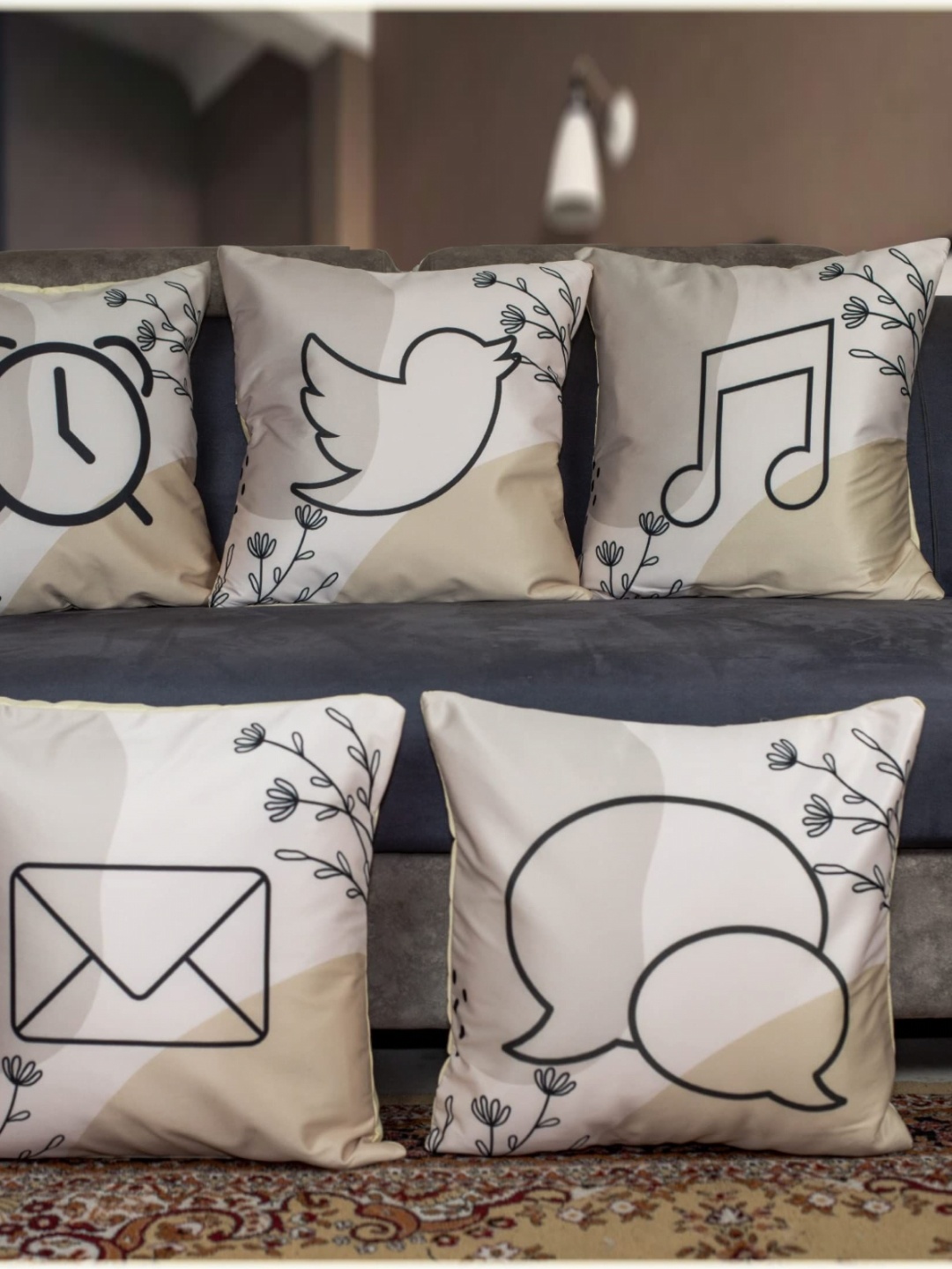 

Vendola Grey & Beige 5 Pieces Quirky Printed Satin Square Cushion Covers