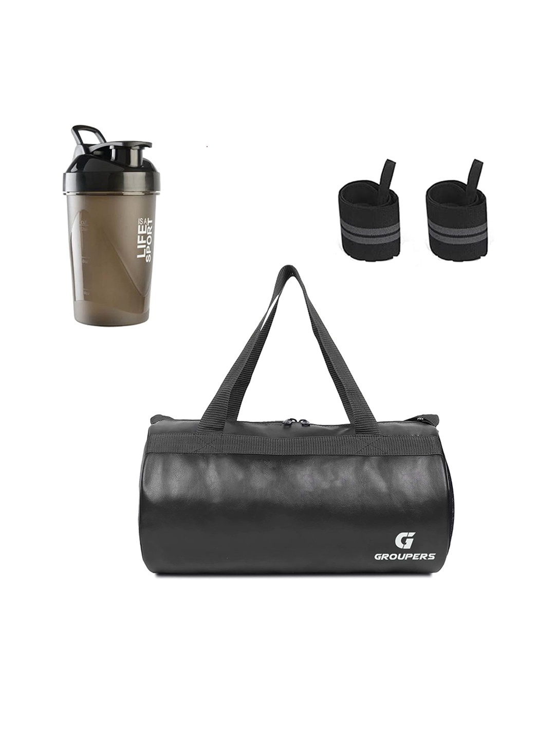 

GROUPERS Medium Foldable Sports Duffel Bag With Shaker Bottle & Wrist Band, Black