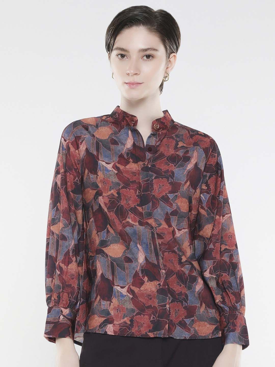 

Rareism Plus Size Women Floral Printed Mandarin Collar Top, Maroon