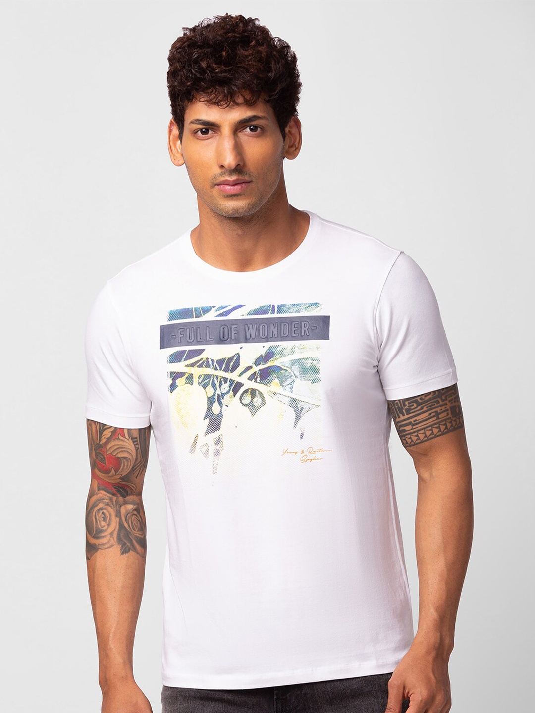 

SPYKAR Men Typography Printed Slim Fit Cotton T-shirt, White